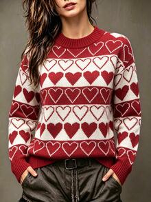 SHEIN Women's Heart Pattern Casual Everyday Long Sleeve Sweater - Red - View 1