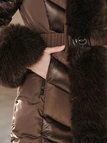 Anewsta Women's Plush Patchwork Casual Versatile Winter Padded Coat - Coffee Brown - View 6