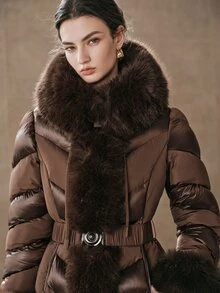 Anewsta Women's Plush Patchwork Casual Versatile Winter Padded Coat - Coffee Brown - View 5