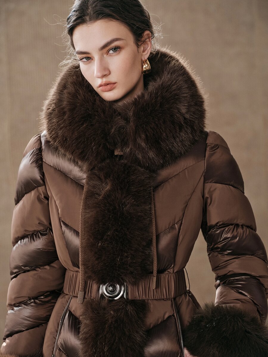 Anewsta Women's Plush Patchwork Casual Versatile Winter Padded Coat - Coffee Brown - View 1