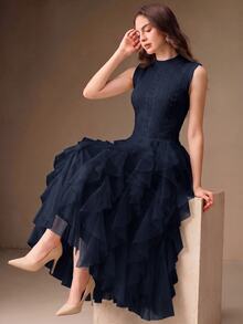 Anewsta Gaun Panjang Wanita Terbaru Tanpa Lengan, Rajutan Crochet, Patchwork, Multi-Layer, Hem Berumbai, Romantis dan Elegan - Navy Blue - View 5