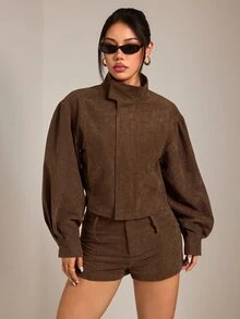 SHEIN PETITE Brown Corduroy Women's Jacket And Shorts Casual Set - Brown - View 5