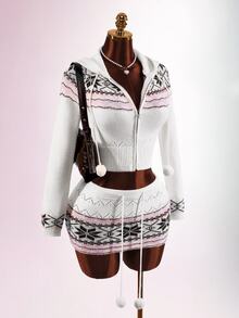 Amplova Women's Fair Isle Style Zip-Up Drawstring Hooded Knit Cardigan - White - View 4