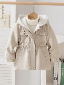 SHEIN Elladie kids 返校季女童幼童冬季新款 2026 復古卡其色燈芯絨布料保暖內裡拉鍊連帽上衣，收腰設計，適合冬季外出與通勤，百搭抓絨時尚夾克 - 卡其色 - 查看 6