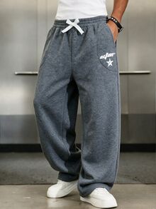 SHEIN Kids Tween Boy Casual Daily Versatile Comfortable Grey Washed Distressed Effect Printed Pattern Straight Leg Loose Fit Sweatpants, Suitable For Back To School, Birthday Party, Evening Event, Performance, Wedding, Baptism, Opening Ceremony And Other Occasions, Comfortable For Daily Wear, Suitable For School, Travel, Sports, And All Seasons - Grey - View 2