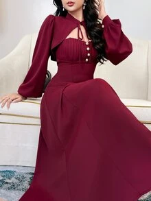 Feyla Women's Elegant Button Strapless Dress With Cropped Tie Long Sleeve Top 2 Pieces Set - Red - View 4