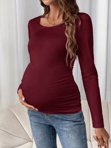 SHEIN Kaos Hamil Warna Polos Leher Bulat Lengan Panjang Slim Fit Kasual Serbaguna - Merah - View 5