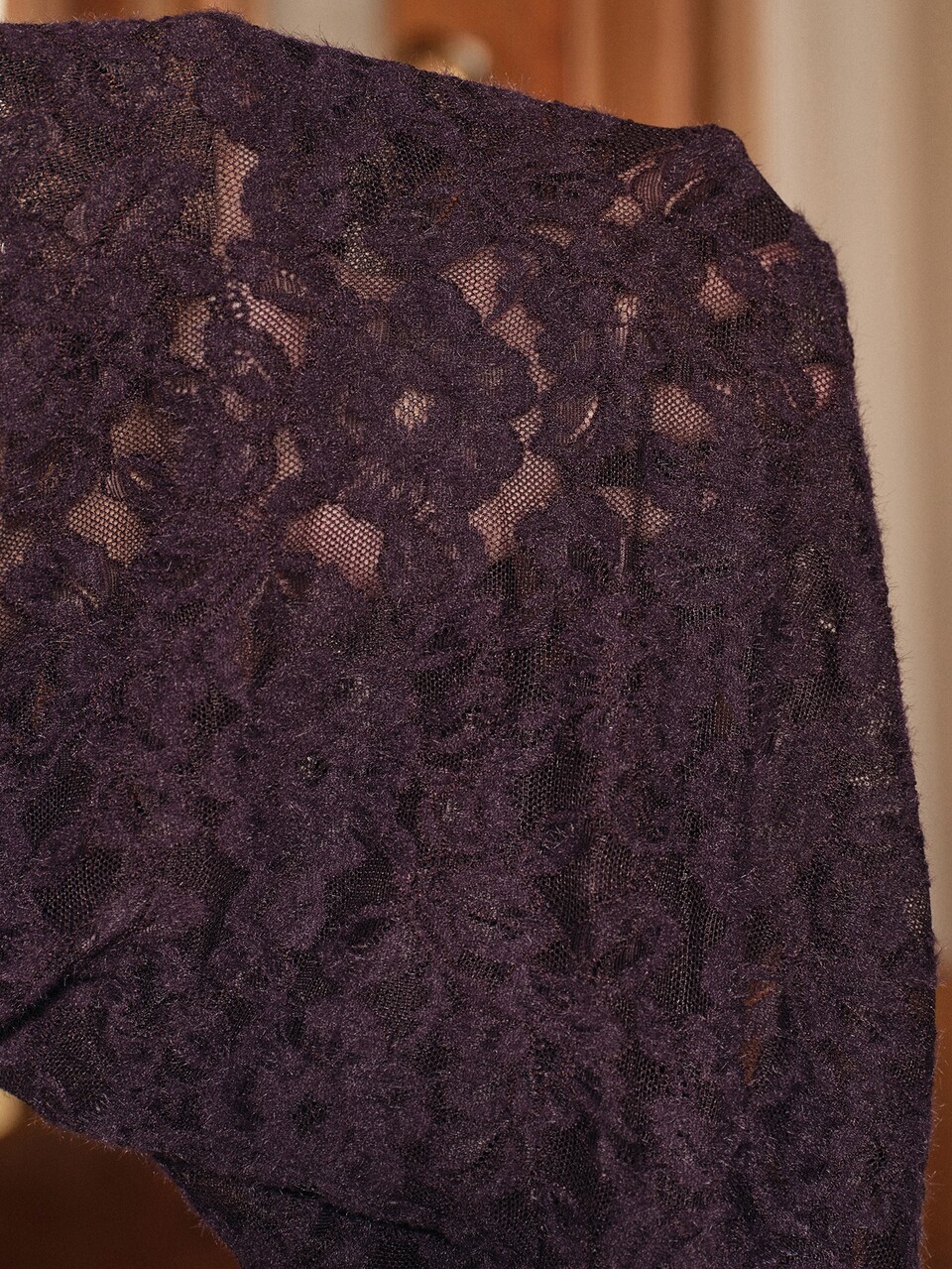 Purple Flattering Elegant Floral Flocked Lace Mock Neck Long Sleeve Top, Slim Fit Base Layer For Autumn/Winter