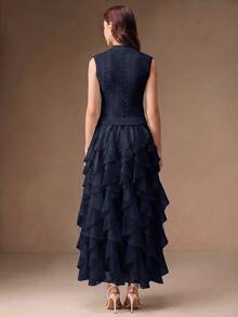 Anewsta Gaun Panjang Wanita Terbaru Tanpa Lengan, Rajutan Crochet, Patchwork, Multi-Layer, Hem Berumbai, Romantis dan Elegan - Navy Blue - View 6