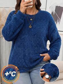 EMERY ROSE Plus Size Women's Solid Color Crew Neck Long Sleeve Casual Sweatshirt - Brown - View 3