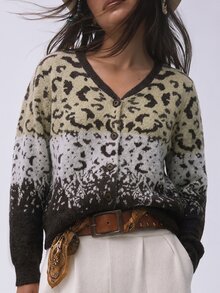 Mulvari Women's Lazy Leopard Print Jacquard Long Sleeve Cardigan Sweater, Autumn/Winter Leopard Print Fall/Winter Going Out - Coffee Brown - View 5