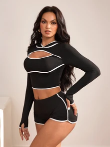 Slayform Black And White Contrast Trim Hollow Out Cropped Sweatshirt - Black - View 4
