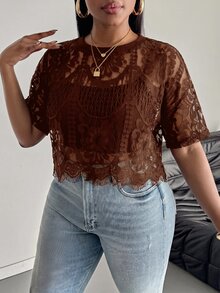 SHEIN PETITE CURVE 大尺碼女款復古性感透視蕾絲上衣 - 棕色 - 查看 4