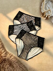 Bare Chapter 3pcs Plus Size Women's Contrast Lace Zebra & Leopard Print Panties - Multicolor - View 4
