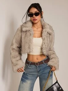 SHEIN PETITE Plush Gradient Women's Fake Fur Jacket, Cropped Style, Warm And Suitable For Autumn And Winter - Apricot - View 5