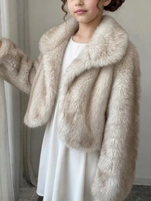 Sparklyn 1件少女時尚短版長毛優雅杏色舒適雙層內裡長袖毛茸茸外套，適合秋冬、室內外穿著 - 灰色 - 查看 5