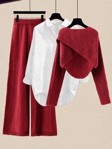GlowEve Women's Solid Color Wrap Sweater & Knit Pants 2 Pieces Set - Burgundy - View 3