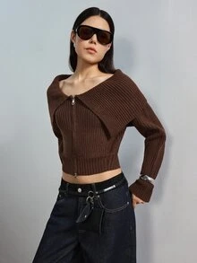 MERLEAU Women's Modern Brown Open Front Knit Top - Brown - View 3