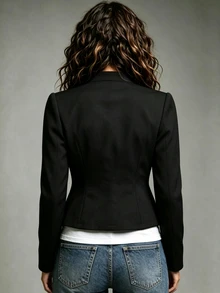 LUMIGAL Vintage Black Velvet Short Military Jacket With Stand Collar, Red Trim And Metal Buttons - Navy Blue - View 2