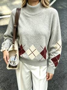 SHEIN Women's French Vintage Argyle Mock Neck Knit Sweater Women Autumn/Winter Loose Lazy Colorblock Diamond Pattern Pullover Halloween Top. - Grey - View 4