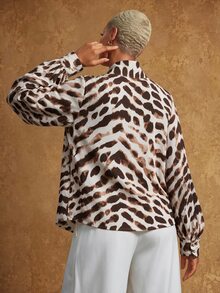 SHEIN Lunessa Women's Vintage Asymmetrical Leopard Print Bow Collar Petal Sleeve Blouse - Khaki - View 2