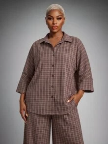 Lunelith SHEIN Lunessa Women's Loose Plaid Casual 2 Pieces Set - Multicolor - View 5