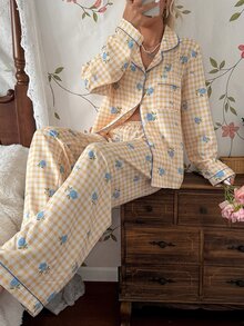 CottageSlumber Fresh Plaid Blue Ditsy Floral Lapel Button-Up Pajama Set - Yellow - View 5