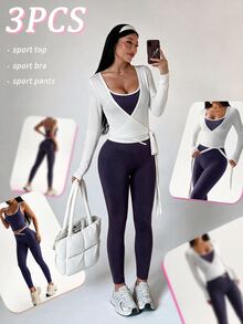 SHEIN Dewbera Women's Wrap Knot Long Sleeve Cropped Top And Leggings Sports Set - Multicolor - View 1