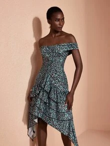 JIAN LASALA Gaun Midi Rajut Tanpa Bahu dengan Lipatan Berlapis-lapis dan Hemline Tidak Rata, Gaun Liburan Elegan - MultiWarna - View 7