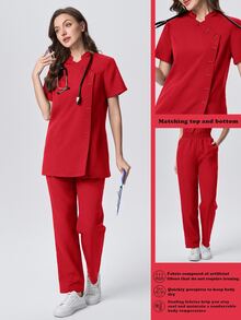 Scrubzie 抗皺立領短袖多鈕扣女款刷手服上衣與長褲兩件套 - 紅色 - 查看 1