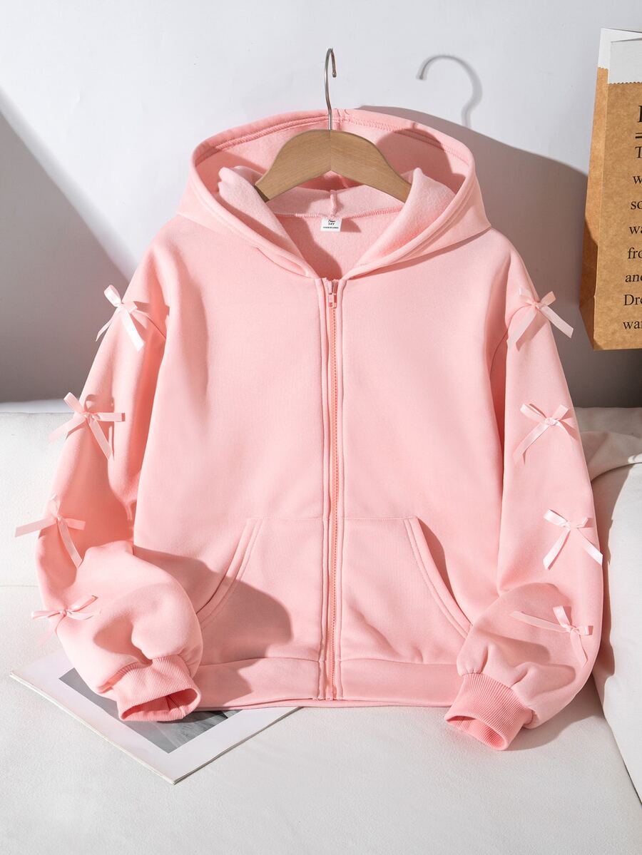 SHEIN 青少年女孩長袖抓絨秋季休閒百搭正裝寬鬆韓風開襟運動衫外套,返校季 - 粉色 - 查看 1