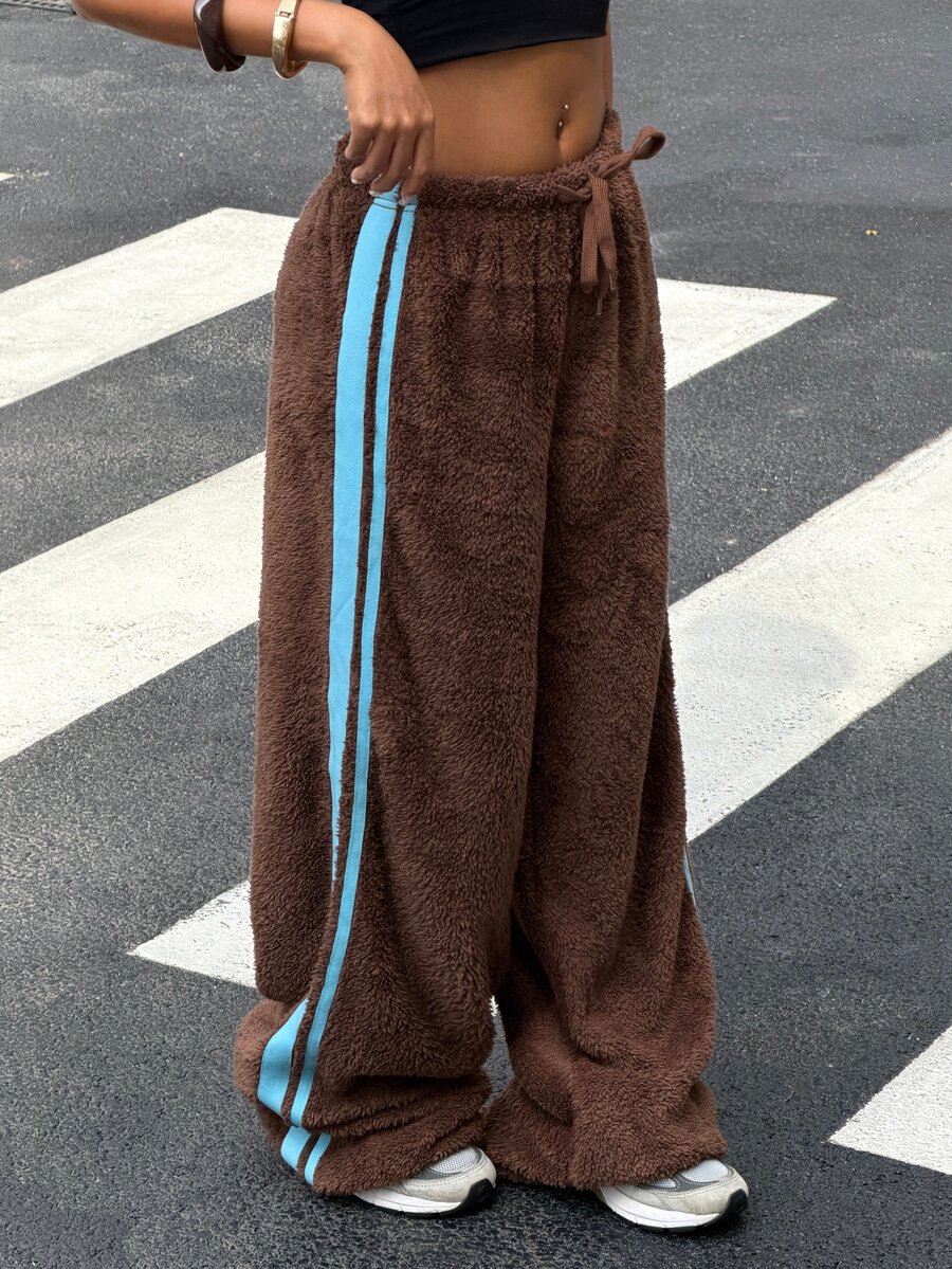 Muchica Autumn/Winter New Brown Plush Ribbon Patchwork Casual Loose Long Pants, Suitable For Outings - Brown - View 1