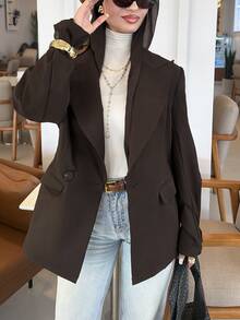 Solavon Women's Solid Color Lapel Neck Long Sleeve Casual Blazer - Coffee Brown - View 6