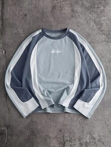AXEPEAK Camiseta de manga larga con bloques de color y patchwork para hombre talla grande - Azul - Ver 1
