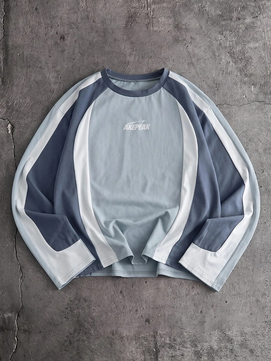 AXEPEAK Camiseta de manga larga con bloques de color y patchwork para hombre talla grande - Azul - Ver 1
