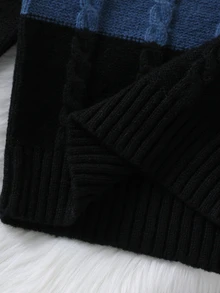 SHEIN 青少年男孩秋冬休閒拼色拼接毛衣 - 藏蓝色 - 查看 5