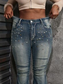 Slaydiva Plus Size Women's High Waist Flare Denim Jeans With Star And Stud Embellishment, Ripped Distressed Blue Halloween Christmas Jeans With Glitter - Medium Wash - View 7