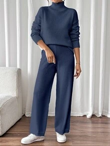 SHEIN 女款百搭高領長袖毛衣與長褲兩件套 - 寶藍色 - 查看 4