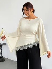 Firerie Plus Size Women's Round Neck Bell Sleeve Contrast Lace Pleated Hem Blouse - Apricot - View 3