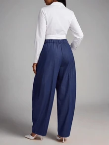 SHEIN Lunessa Celana Panjang Denim Model Melengkung yang Modis untuk Komuter - Biru - View 2