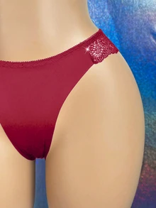MidnightGlam 1 pieza Bragas sexys de encaje con contraste y strass glamurosos para mujer - Burdeos - Ver 5