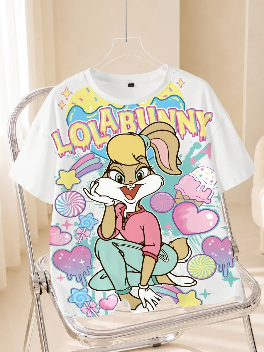 LOONEY TUNES X SHEIN Women's Cute Cartoon Print Round Neck Short Sleeve T-Shirt - White - View 1