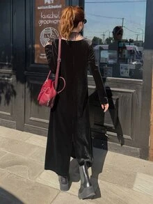 FRIFUL Women's Autumn Velvet Contrast Mesh Long Dress - Black - View 2