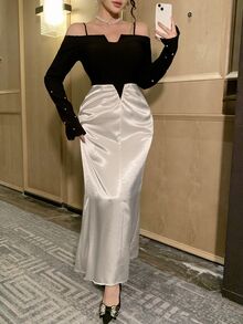 DAZY Autumn/Winter Off-Shoulder Spaghetti Strap Patchwork Slim Fit Cinched Waist Mermaid Skirt Elegant Evening Party Women Set - Black - View 6