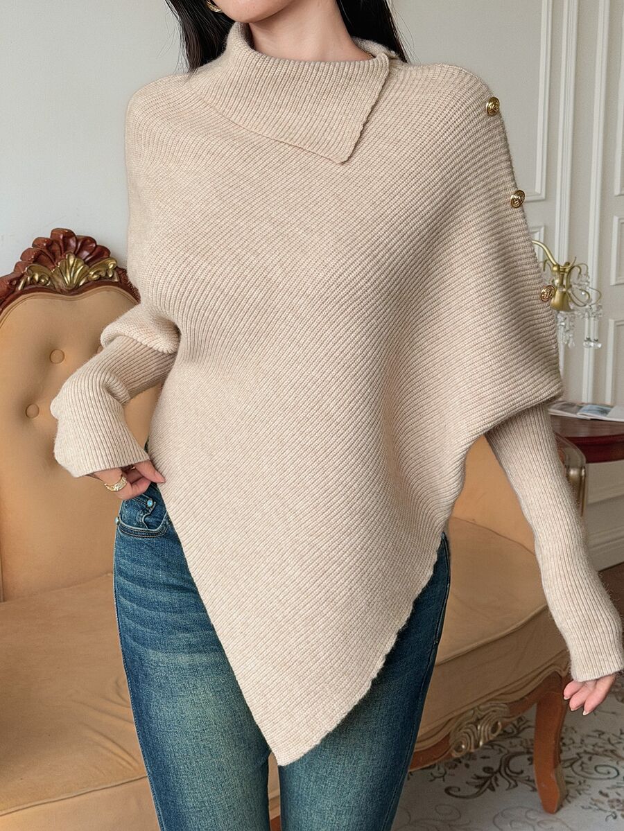 DAZY Autumn/Winter Asymmetrical Hem Cape Batwing Sleeve Metal Button Decor Commute Elegant Women Blouse - Apricot - View 1