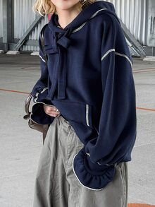FRIFUL Women's Drop Shoulder Long Sleeve Casual Loose Hooded Sweatshirt - Navy Blue - View 8