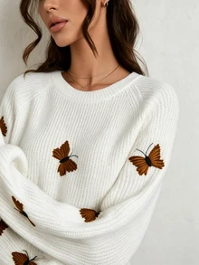 SHEIN Women's Knitted Pullover Top With Butterfly Embroidery - White - View 5