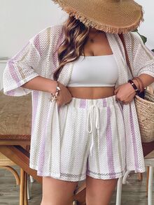 SHEIN VCAY Plus Size Women's Blue & White Striped Knit Shirt & Shorts 2 Pieces Set, Summer Vacation - Multicolor - View 5