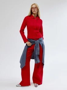 MUSERA Smal denimjacka med krage, knäppning fram, markerad midja, för höst och vinter, coolgirl, back to school, Blancs - Röd - Visa 3