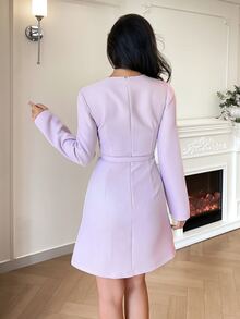 Modelyn Women's Round Neck Long Sleeve Pocket Design Elegant Short Dress - Purple - View 2
